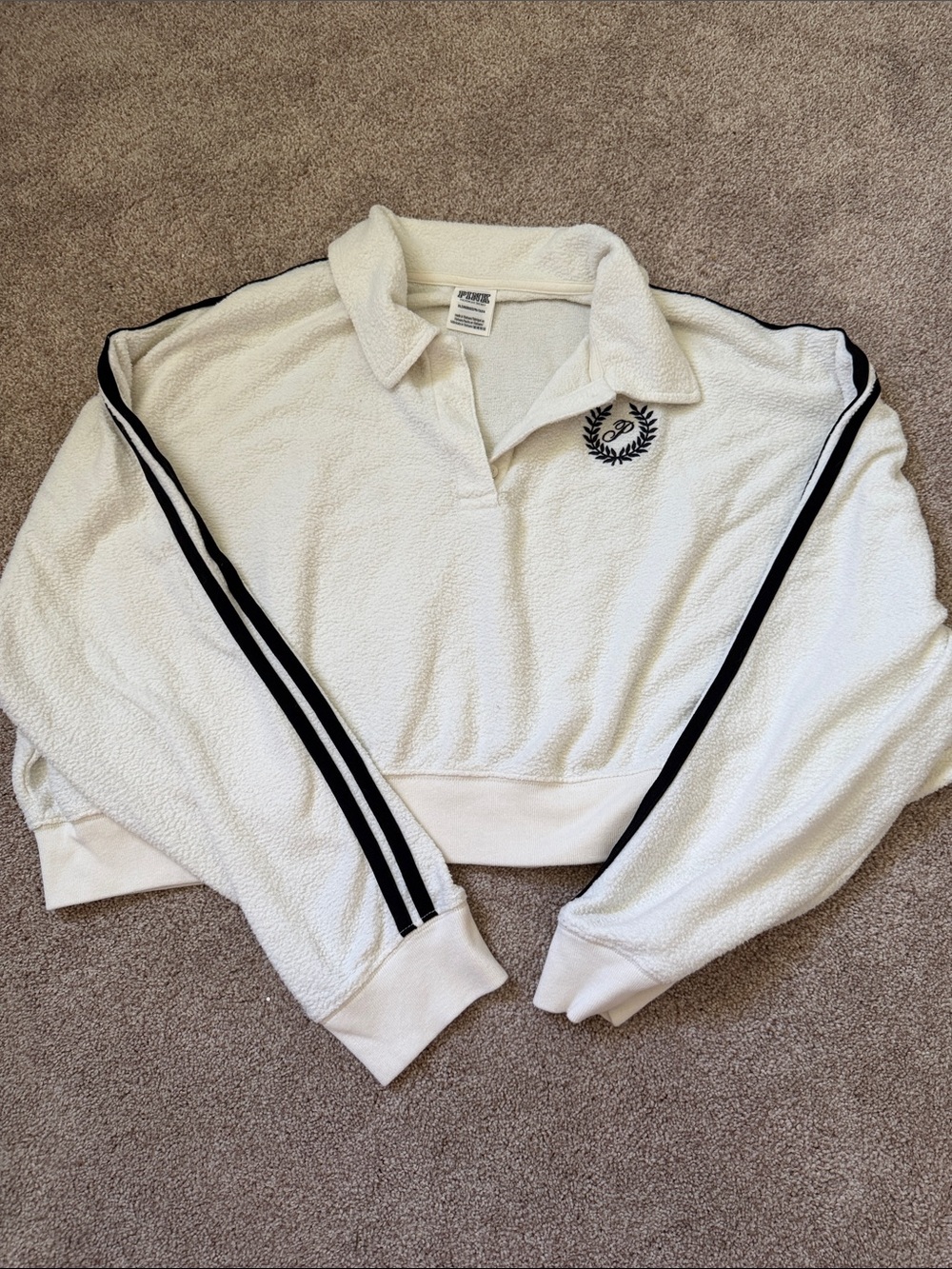 PINK Victoria's Secret Cream Sherpa Cropped Pullover with Black Stripe